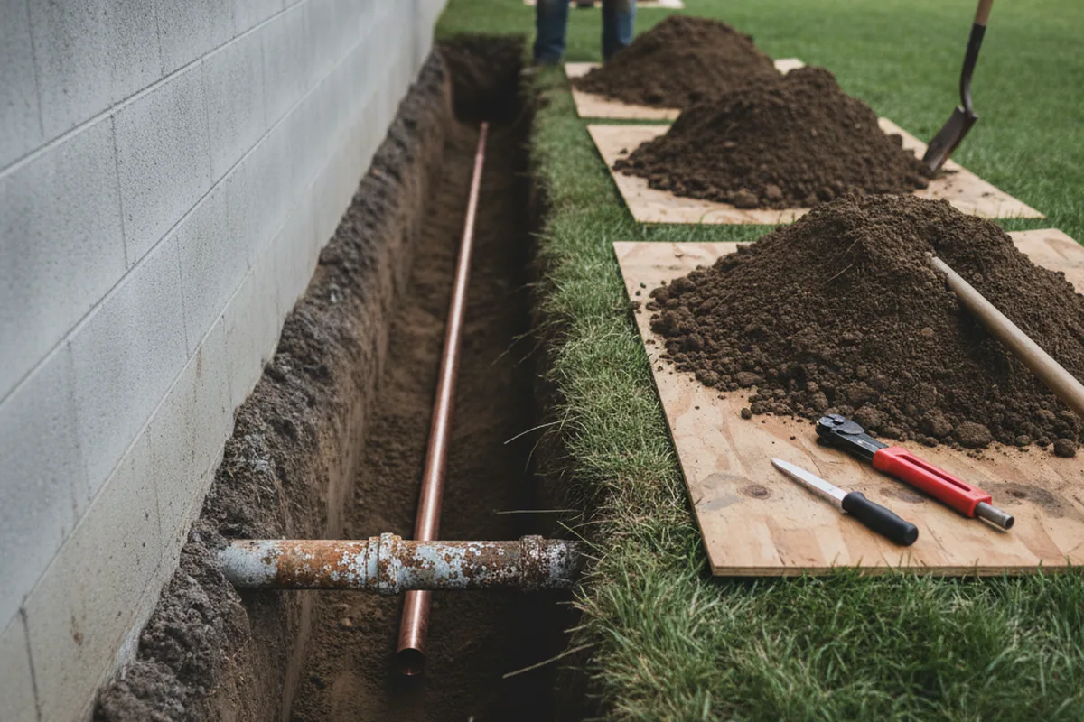 Excavated water line trench during Water Softener Installation in Ocean Grove